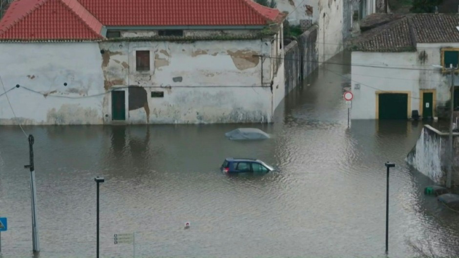AERIAL: Flooded city of Santarem in Portugal