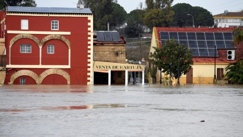 A flooded street in the Jerez village of Las Pachecas in southern Spain as a result of Storm Leonardo on February 5