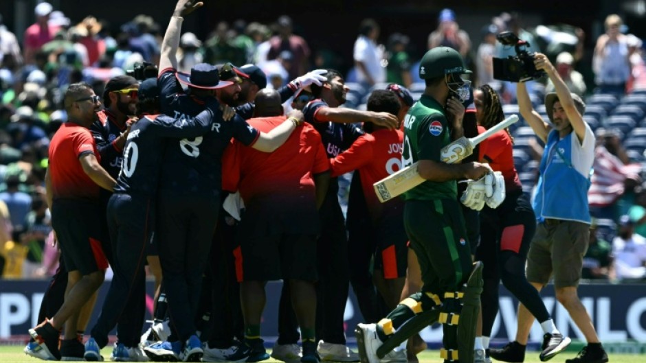 USA celebrate their super over shock victory against Pakistan in the 2024 T20 World Cup