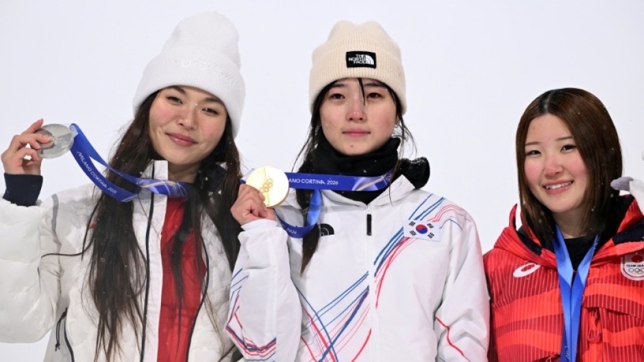 Chloe Kim (L) was relegated to silver medal position in the Olympic halfpipe by South Korea's Choi Gaon (C) while Japan's Mitsuki Ono took bronze