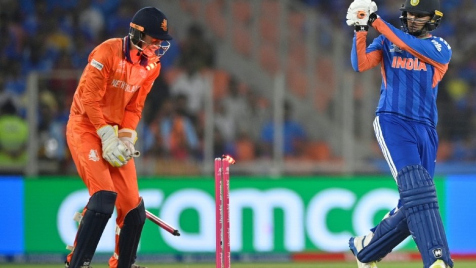 Form slump: India's Abhishek Sharma is clean bowled against the Netherlands for his third duck in a row