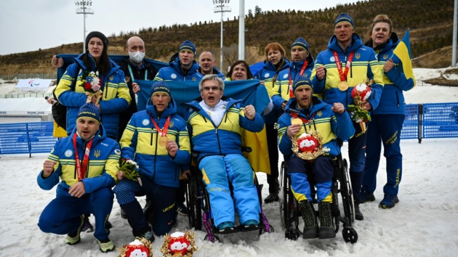 Valeriy Sushkevych (front C) President of the Ukraine National Paralympic Committee and the team will boycott the Milan Cortina Paralympics opening ceremony