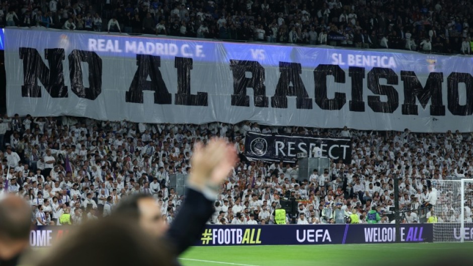 A banner against racism was hung at the Santiago Bernabeu ahead of the second leg of the Champions League clash against Benfica