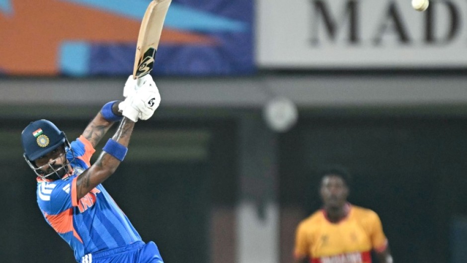 India’s Hardik Pandya plays a shot during the 2026 ICC Men's T20 Cricket World Cup Super Eights match between India and Zimbabwe