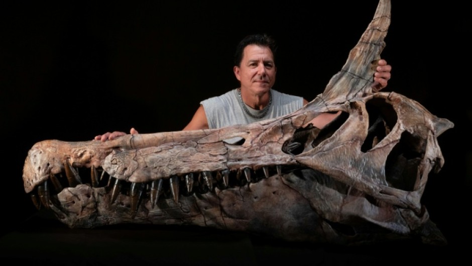 US paleontologist Paul Sereno poses next to the skull cast