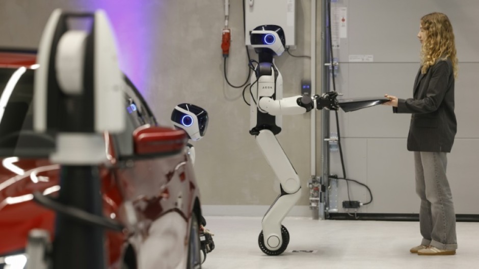 AEON, a humanoid robotic created by the company Hexagon, is presented by BMW in Munich