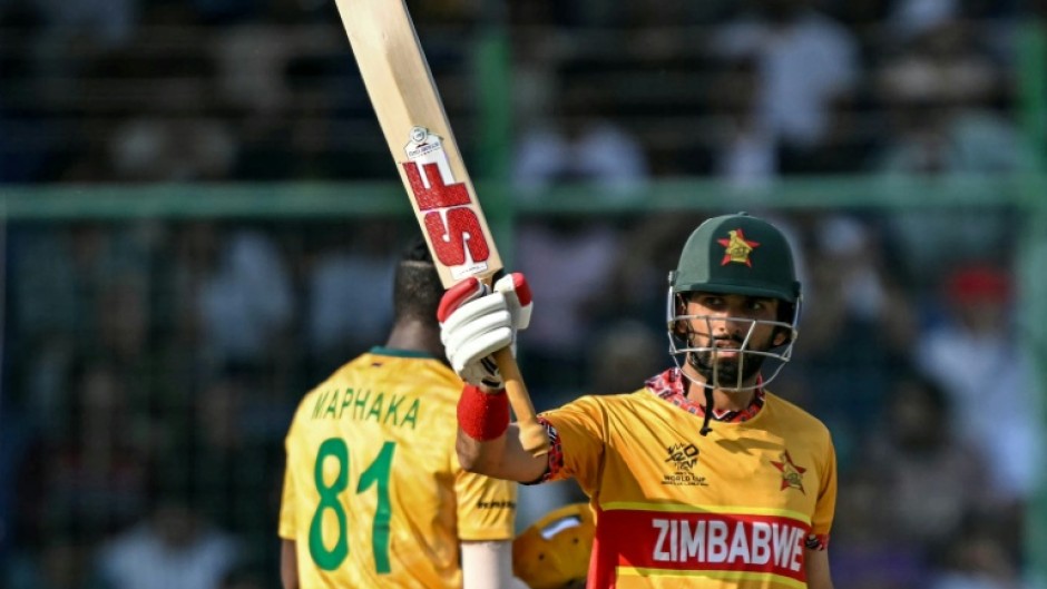 Zimbabwe's captain Sikandar Raza celebrates after scoring fifty against South Africa