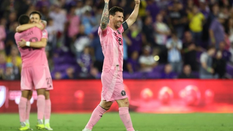Lionel Messi celebrates after scoring Inter Miami's fourth goal in their come-from-behind 4-2 win over Orlando City in the Florida derby