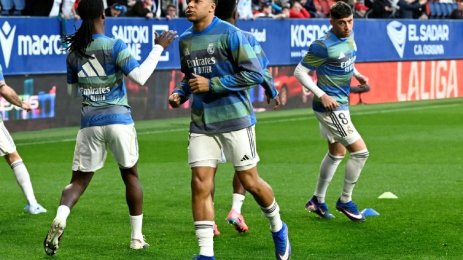 Kylian Mbappe (C) warming up before Real Madrid's recent game against Osasuna in La Liga