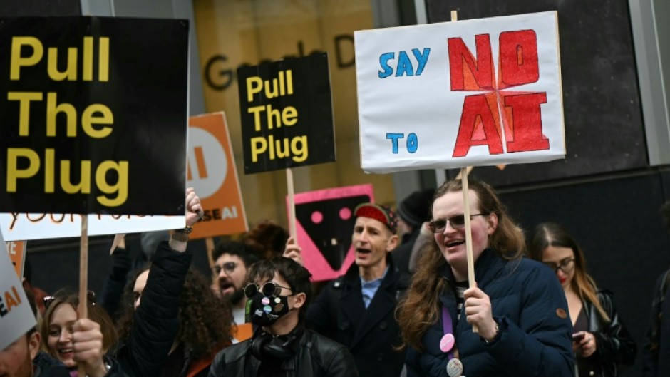 Protesters in London demanding action to control the development of AI