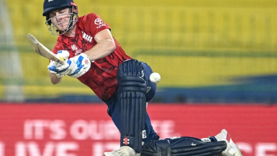 England captain Harry Brook hits a six against New Zealand in the Super Eights in Colombo