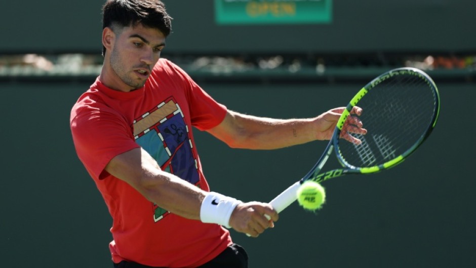 World number one Carlos Alcaraz of Spain practices before the Indian Wells ATP/WTA Masters 1000