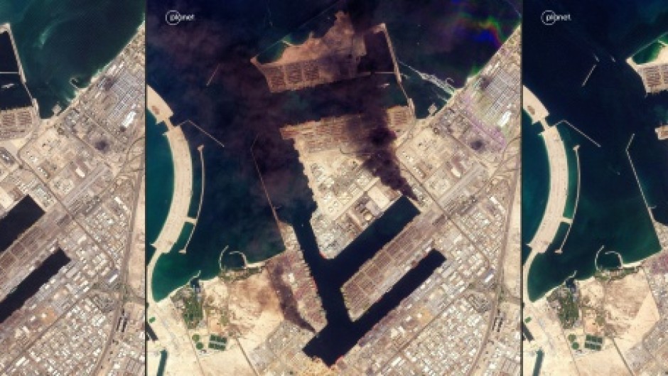 This sequence of Planet Labs satellite images shows Dubai's Jebel Ali commercial port before and after it was hit by an Iranian attack