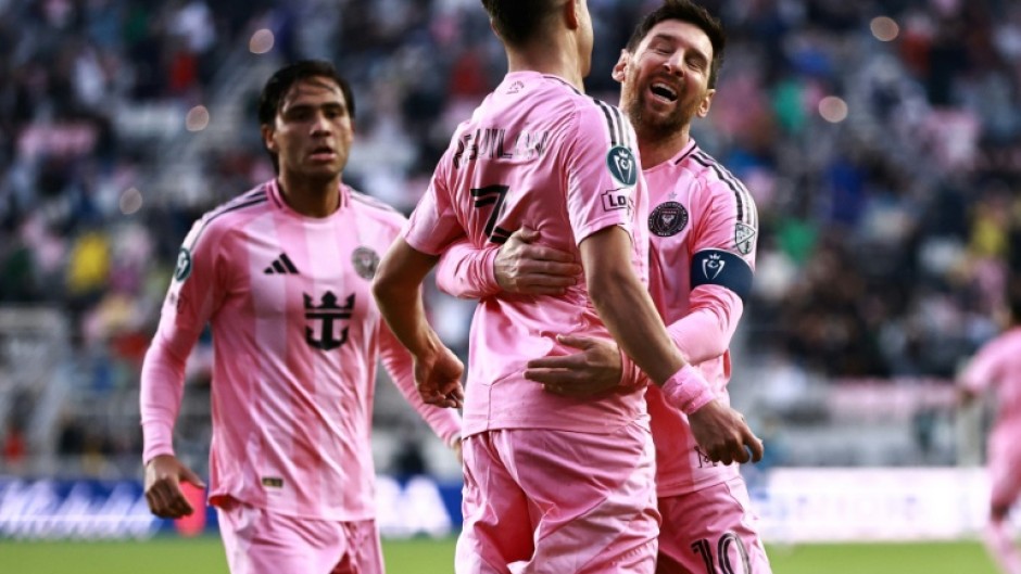 Lionel Messi celebrates after scoring the 900th goal of his career in Inter Miami's CONCACAF Champions Cup clash with Nashville