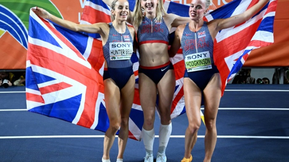 British gold medal winners, Georgia Hunter Bell (L), Molly Caudery (C) and Keely Hodgkinson
