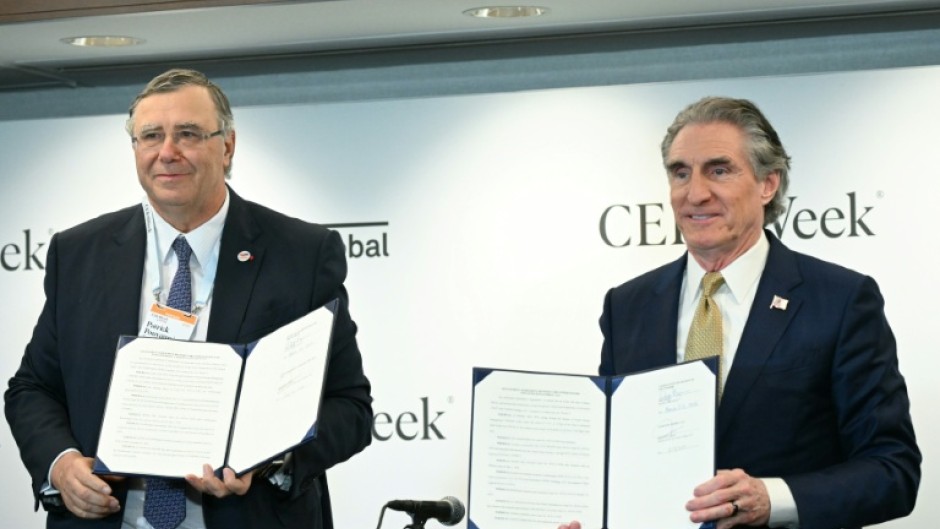 Patrick Pouyanne, CEO of TotalEnergies SE (left), and US Interior Secretary Doug Burgum signed the agreement in Houston on Monday