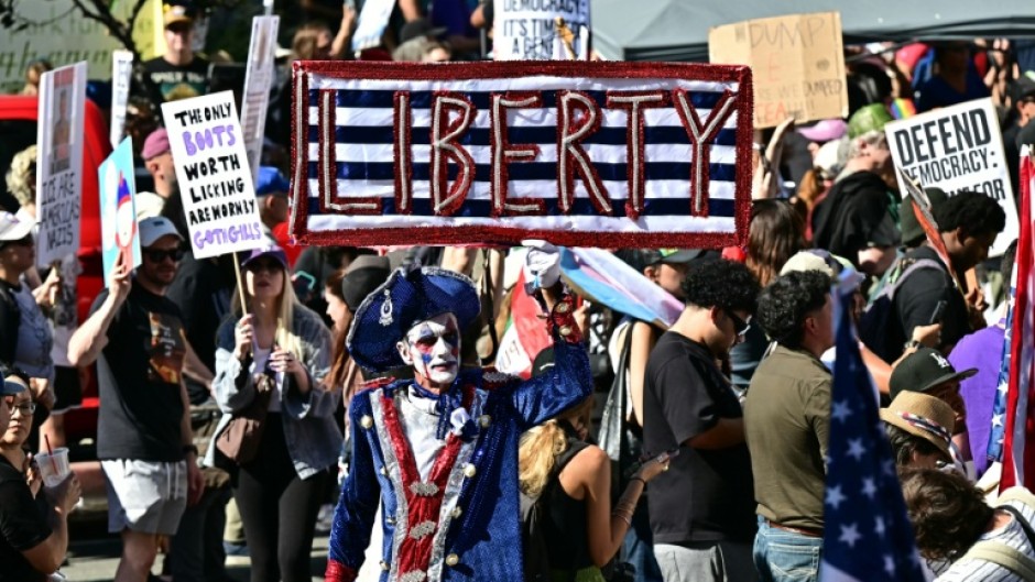 Protesters in Los Angeles during the 'No Kings' rally across the United States on October 18, 2025
