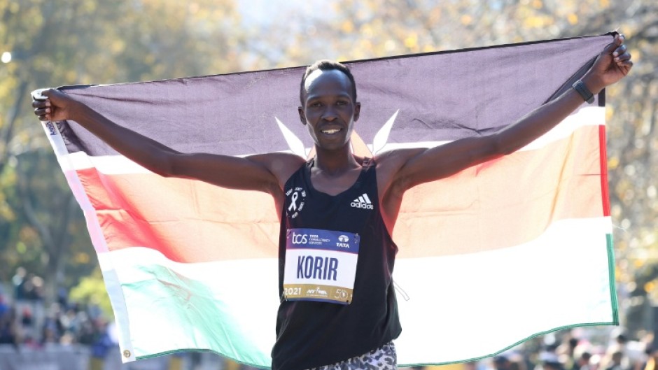 Kenya's Albert Korir after winning the 2021 New York City Marathon