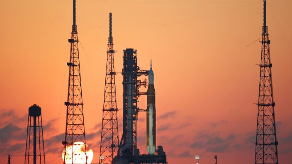 NASA's Artemis II Space Launch System (SLS) rocket and Orion spacecraft at sunrise at Launch Pad 39B at the Kennedy Space Center in Cape Canaveral, Florida