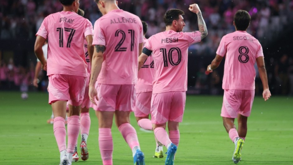 Lionel Messi celebrates after scoring Inter Miami's first goal in their new Nu Stadium