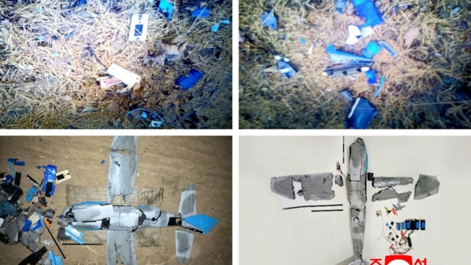 A combo image by North Korea's official Korean Central News Agency released via KNS on January 10 shows wreckage of a drone that Pyongyang said originated from South Korea