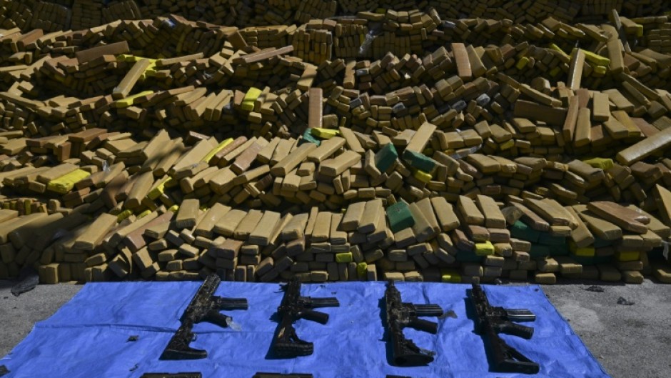 View of 48 tons of seized marijuana and weapons presented in Rio de Janeiro, Brazil