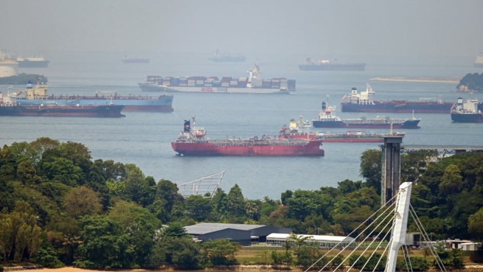 A container ship sails past oil tankers anchored in Singapore