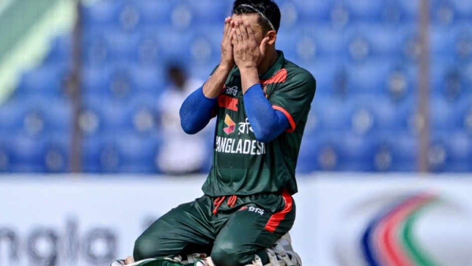 Bangladesh's Najmul Hossain Shanto celebrates after scoring his century
