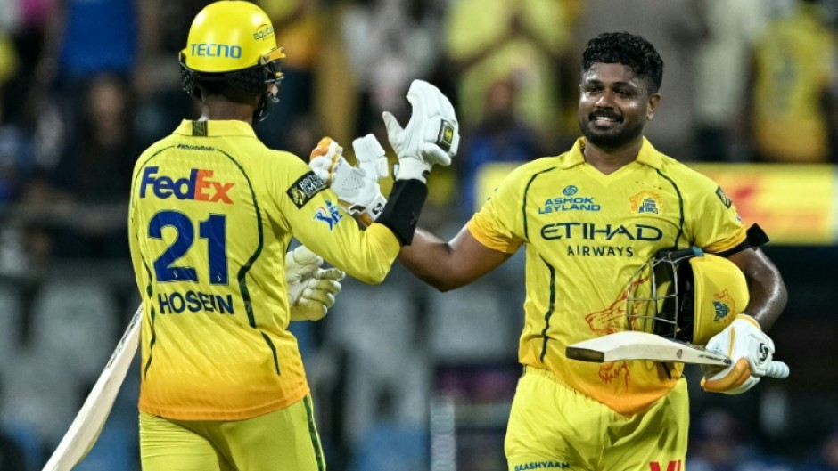 Chennai Super Kings' Sanju Samson (R) brought up his century with the last ball of the innings