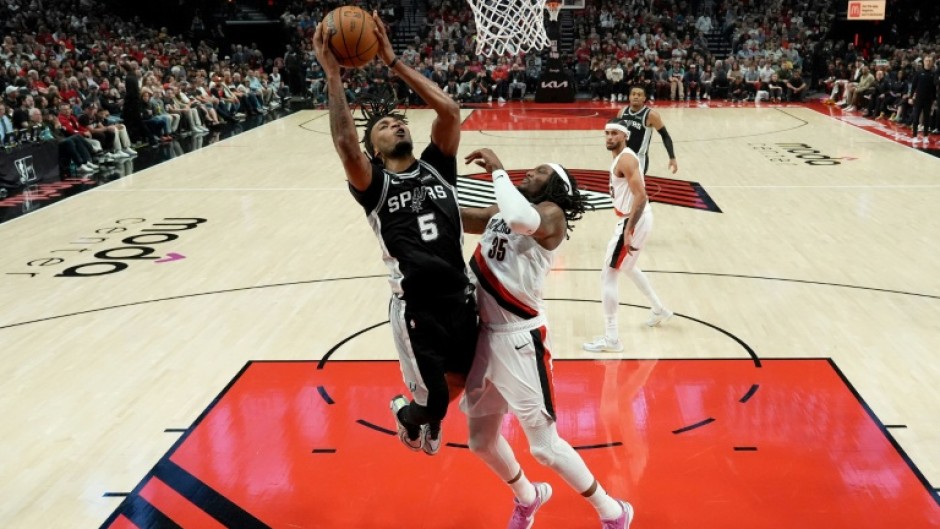 Stephon Castle of the San Antonio Spurs attempts a layup in the Spurs' victory over the Portland Trail Blazers in game three of their NBA playoff series