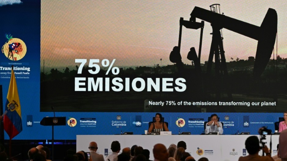 Colombia's President Gustavo Petro (C) and other dignitaries attend the International Conference on the Just Transition Away from Fossil Fuels in Santa Marta, Colombia