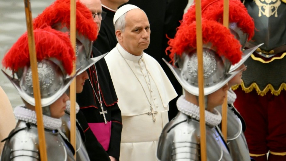 Pope Leo XIV attends the swearing-in ceremony for 28 new Swiss Guard recruits at the Paul VI audience hall in the Vatican on May 6, 2026.