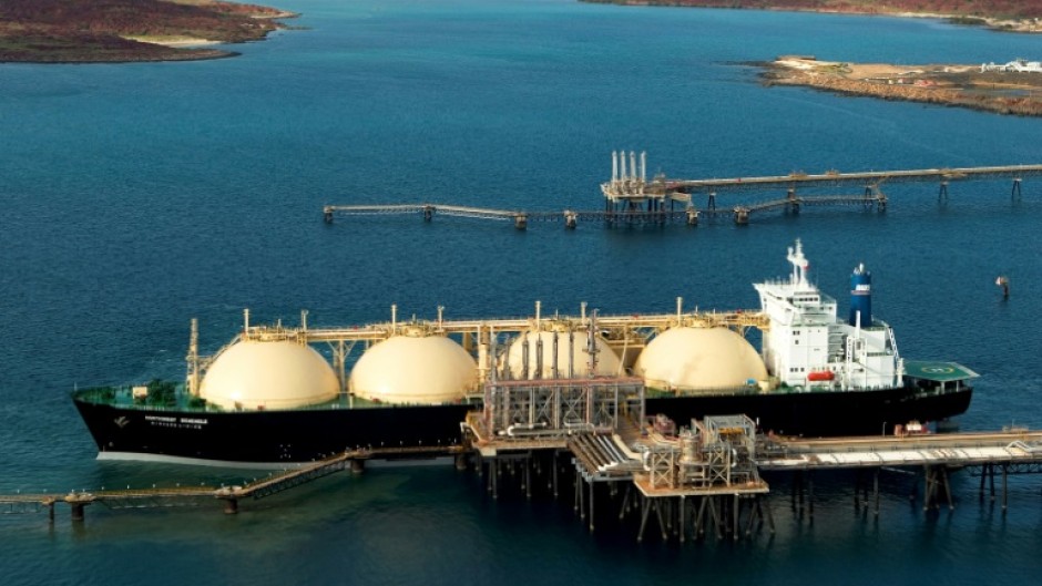An LNG tanker berthed at the Karratha gas plant loading terminal in Western Australia.