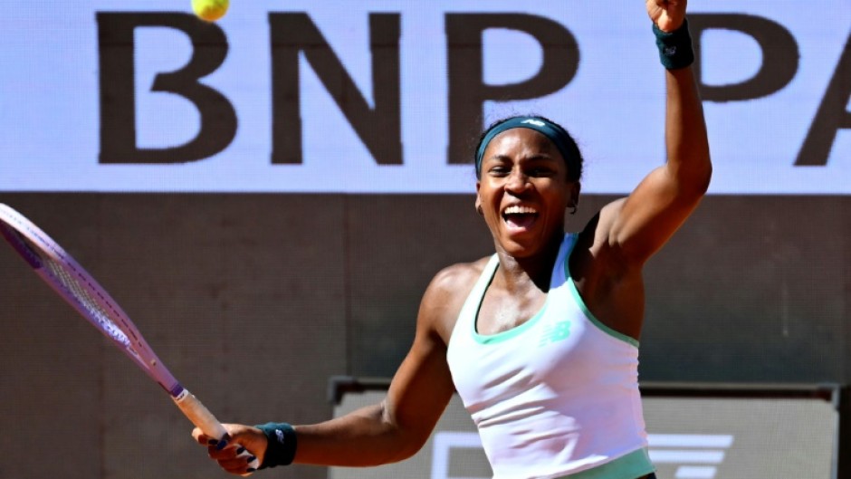 Coco Gauff celebrates reaching the quarter-finals of the Italian Open