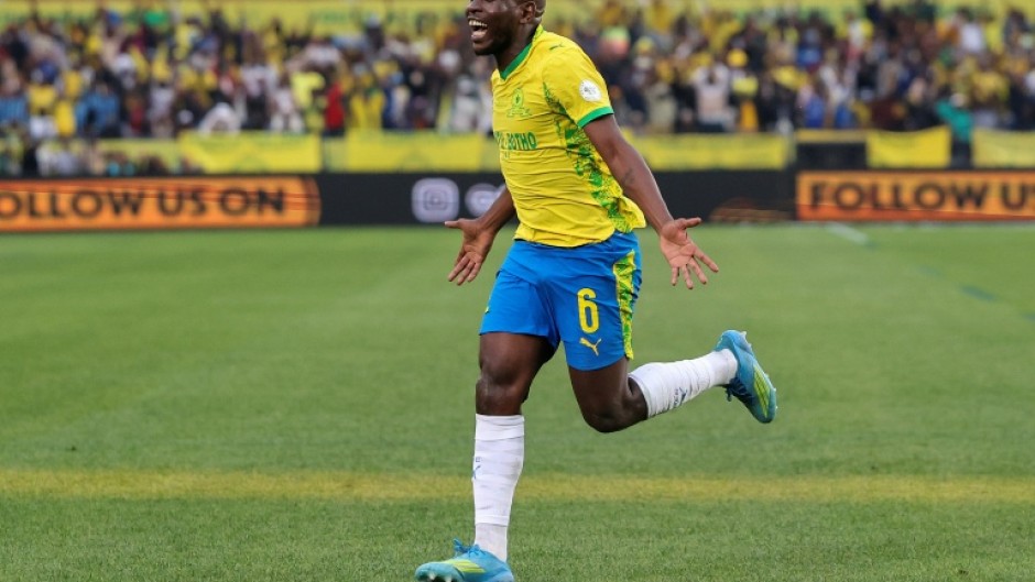 Aubrey Modiba celebrates scoring for Mamelodi Sundowns against FAR Rabat in the CAF Champions final first leg.
