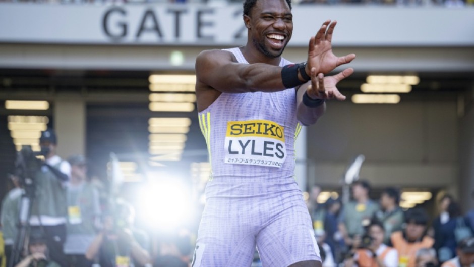 Noah Lyles celebrates winning the men's 100m race at the Golden Grand Prix in Tokyo on Sunday