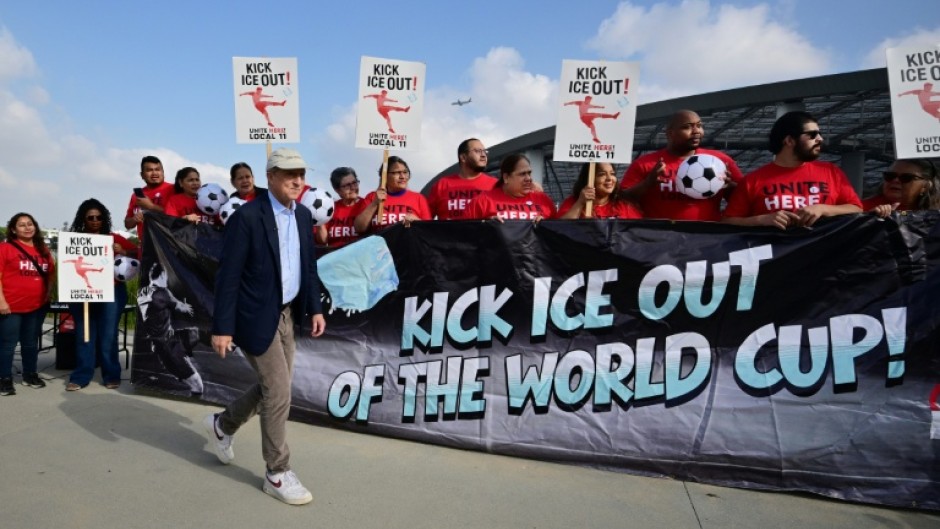 California gubernatorial candidate Tom Steyer joins Sofi Stadium workers who are threatening strike action during the World Cup if federal immigration officers are deployed at the venue