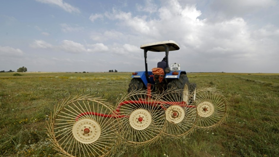 A farmer uses a hay-collecting machine in a field in the Zehiliga region of Morocco. Rising fertiliser costs are threatening the livelihoods of many farmers