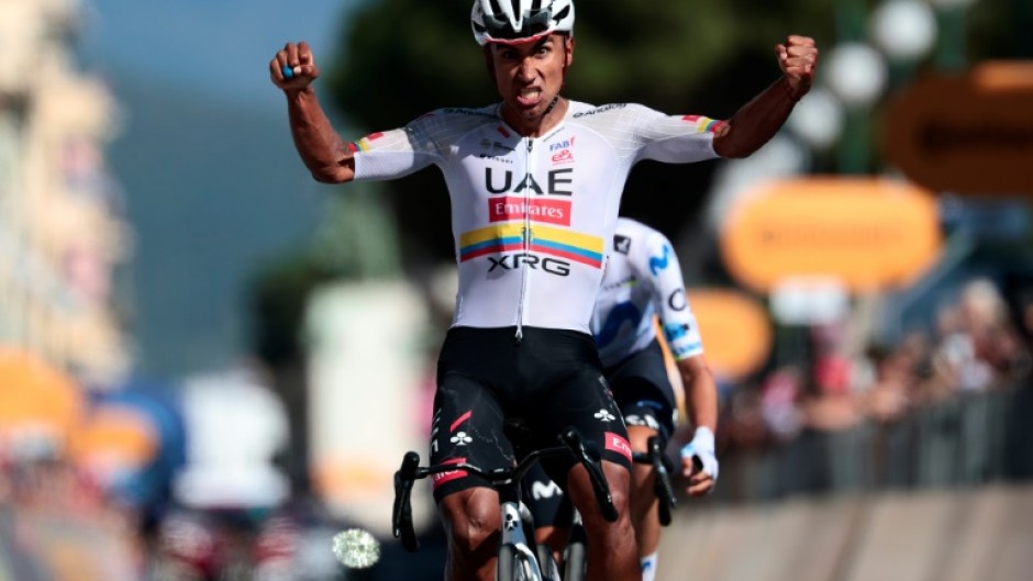 Jhonatan Narvaez celebrates winning his third stage of this year's Giro d'Italia