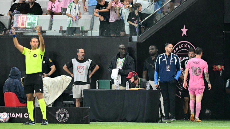 Inter Miami's Argentine forward Lionel Messi leaves the field after suffering an injury scare in his team's win over Philadelphia, less than three weeks before the start of the World Cup