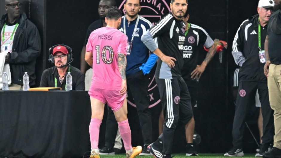 Inter Miami's Argentine forward Lionel Messi leaves the field with what was diagnosed as muscle fatigue in his left hamstring during his team's MLS victory over Philadelphia