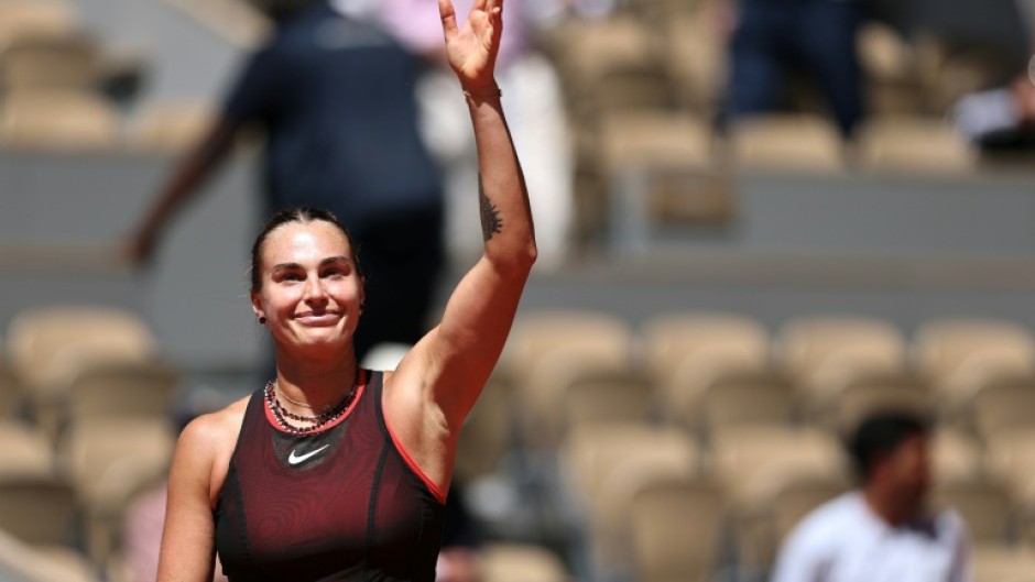 Aryna Sabalenka celebrates after winning against Jessica Bouzas Maneiro at Roland Garros