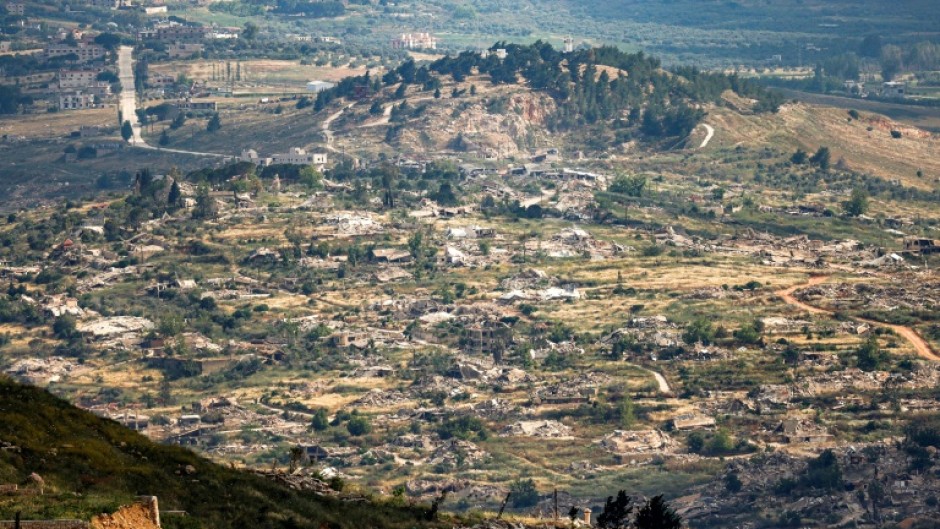 Destroyed buildings in the south Lebanon village of Kfarkila, as seen from across the border in Israel