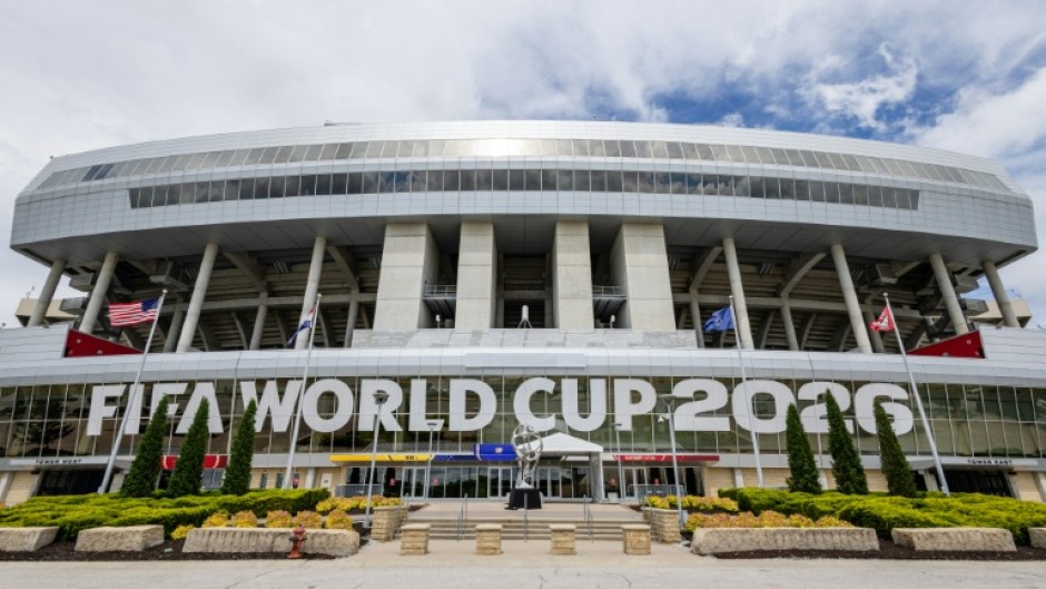 A freshly installed FIFA World Cup 2026 sign hangs over the entrance at Kansas City Stadium