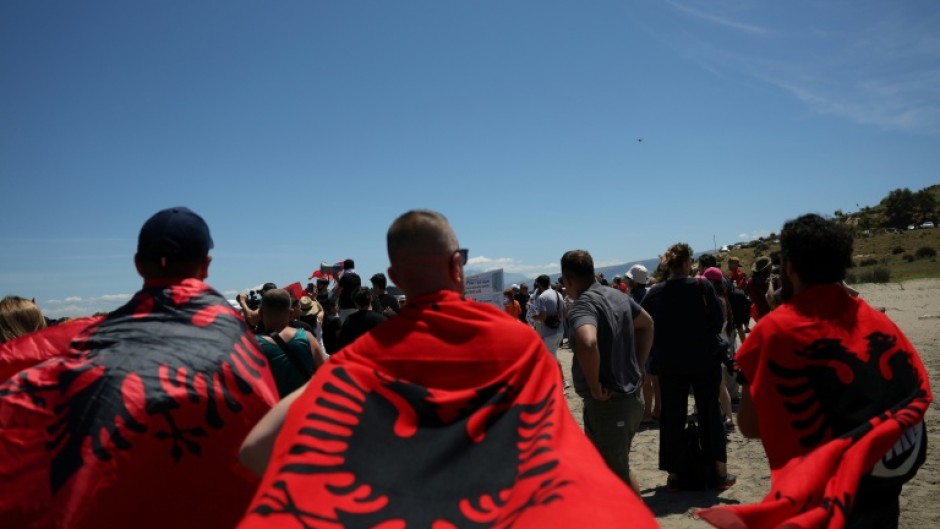 Activists from across the country and local residents flocked midday to the Vjosa-Narta lagoon to protest the plan