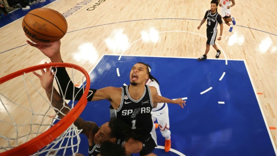San Antonio's Victor Wembanyama takes a shot against the New York Knicks, who own a 3-1 lead in the best-of-seven NBA Finals