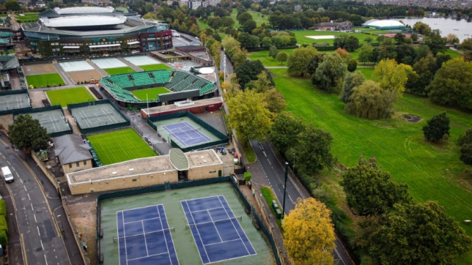 An aerial photograph taken on October 14, 2024 show a general view of the All England Lawn Tennis Club and of the Wimbledon Park Golf Course southwest London