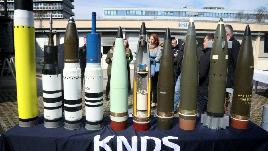 Tank and artillery shells at a KNDS media in Munich on March 19, 2026