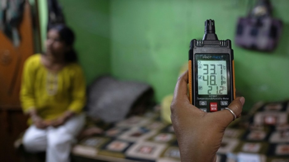 A humidity meter used to monitor moisture levels at Durga Devi's house in New Delhi