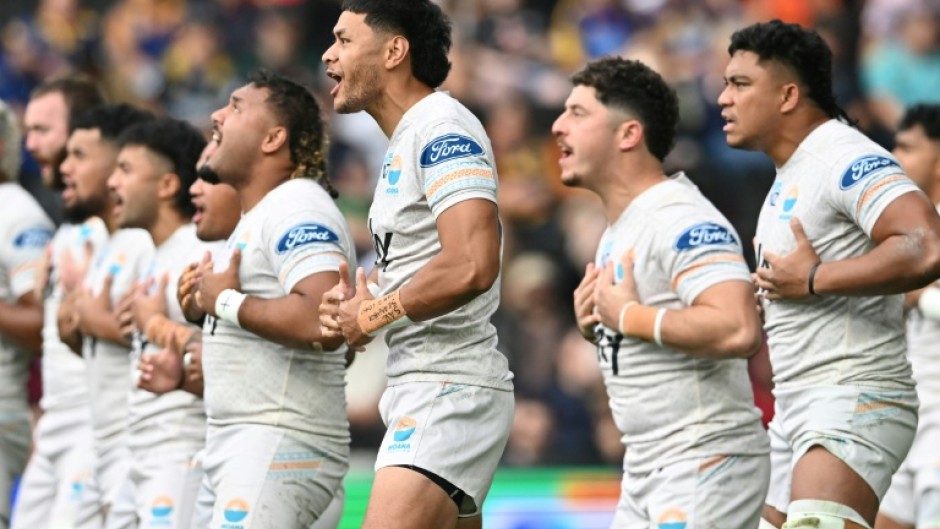Moana Pasifika's players perform the Tau Moana before the Super Rugby match against the Otagao Highlanders in April this year